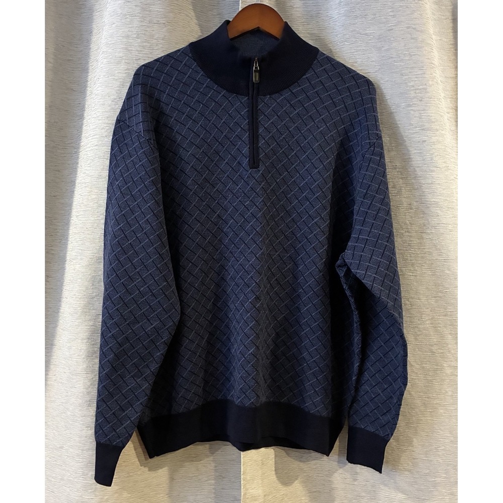 Jos A Bank Sweater Mens XXL Blue Black Merino Wool Knit Polo Long Sleeve